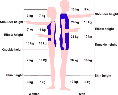 Diagram showing safe lifting weights at different heights.